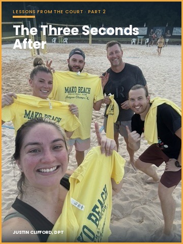 Justin Clifford and Mako Beach Volleyball Club teammates celebrating with championship t-shirts, cover for "The Three Seconds After."